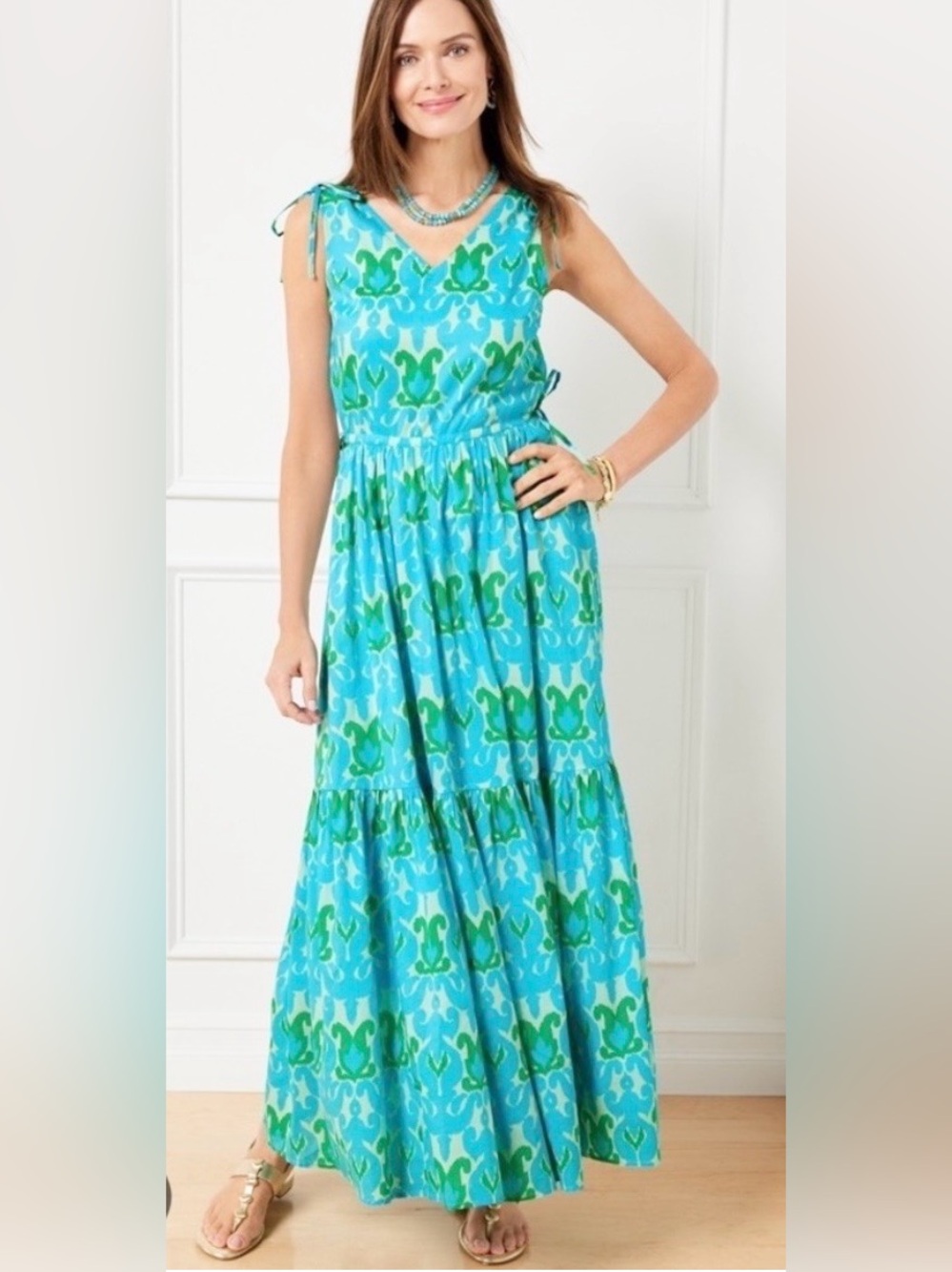 TALBOTS Ikat Medallion Blue/Green Cotton Maxi Sleeveless Fit Flare Dress Sz 14